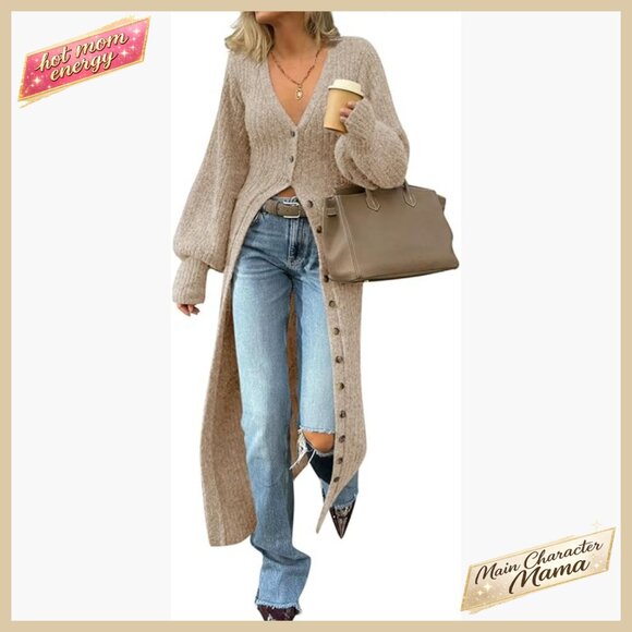 V-Neck Button Down Chunky Knit Maxi Cardigan Sweater Dress Duster Coat
